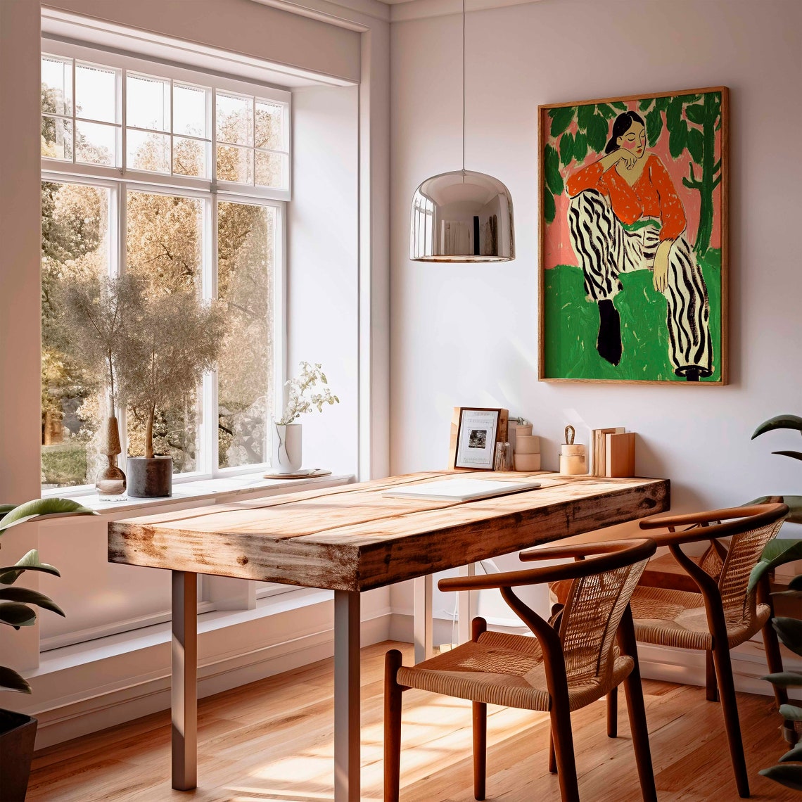 Dreaming Woman Orange Top Zebra Pants Leafy Portrait Art Poster - Image 3