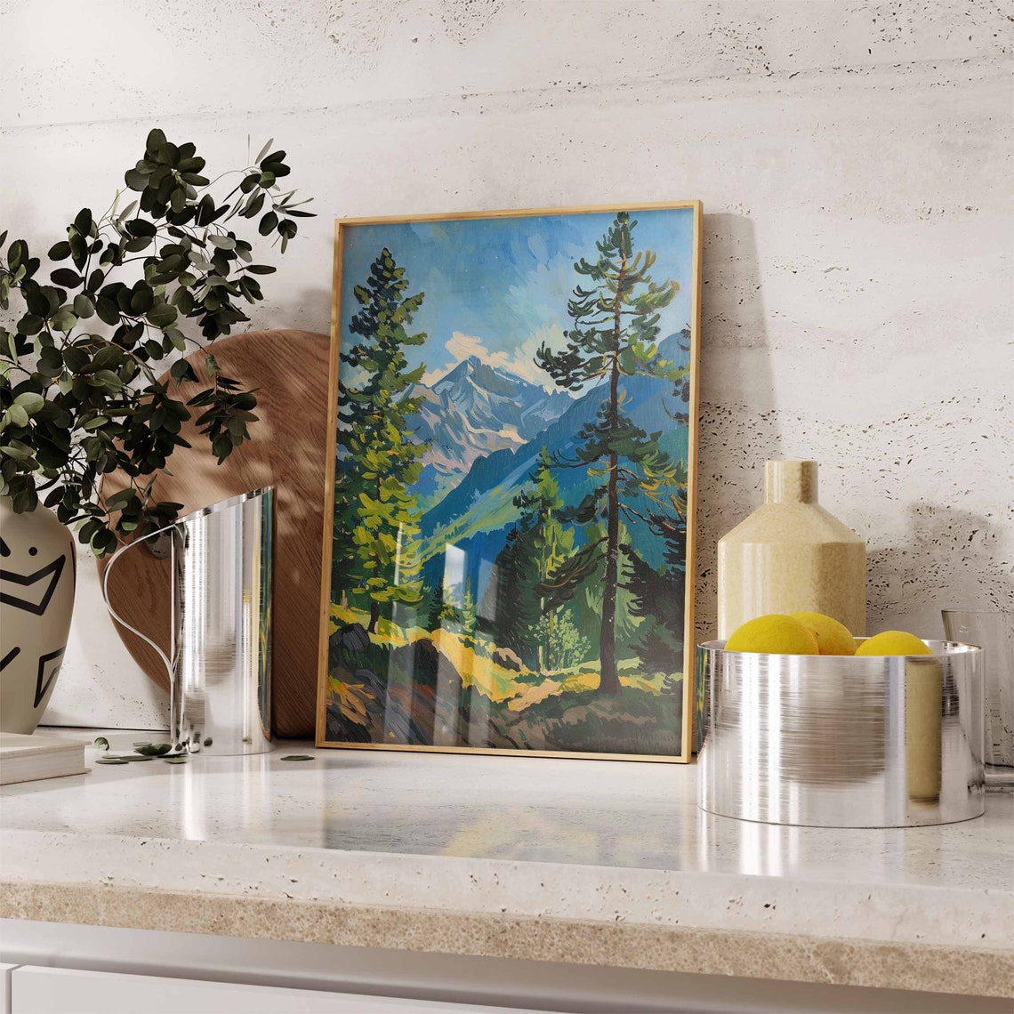 Two Tall Pines Framing Alpine Valley Golden Meadow Mountain Poster - Image 2
