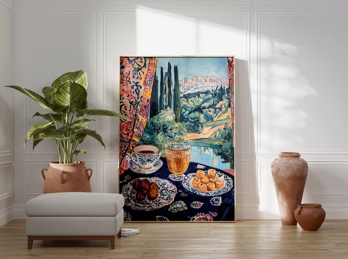 Islamic Coffee Tea Dates Baklava Window Lake View Art Poster - Image 3