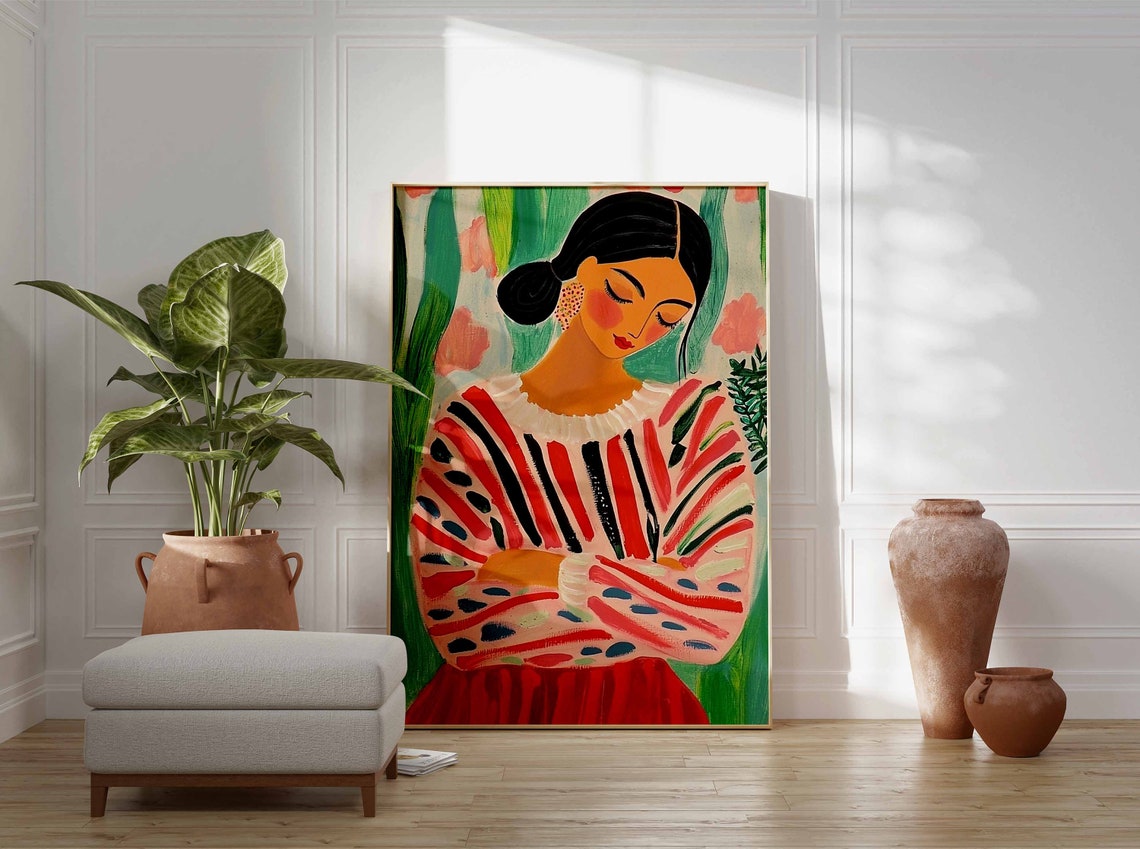 Woman With Hair Bun Red Striped Sweater Blossom Portrait Poster - Image 2