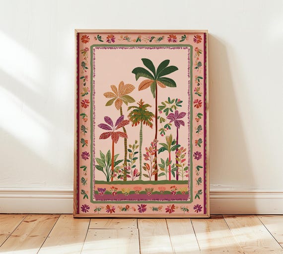 Tropical Garden Print Retro Botanical Wall Art Vintage Floral Poster Mid Century Home Decor Palm Tree