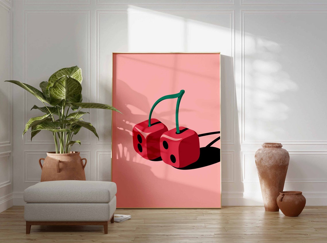Red Dice Cherries With Green Stems Playful Casino Pop Art Poster - Image 3