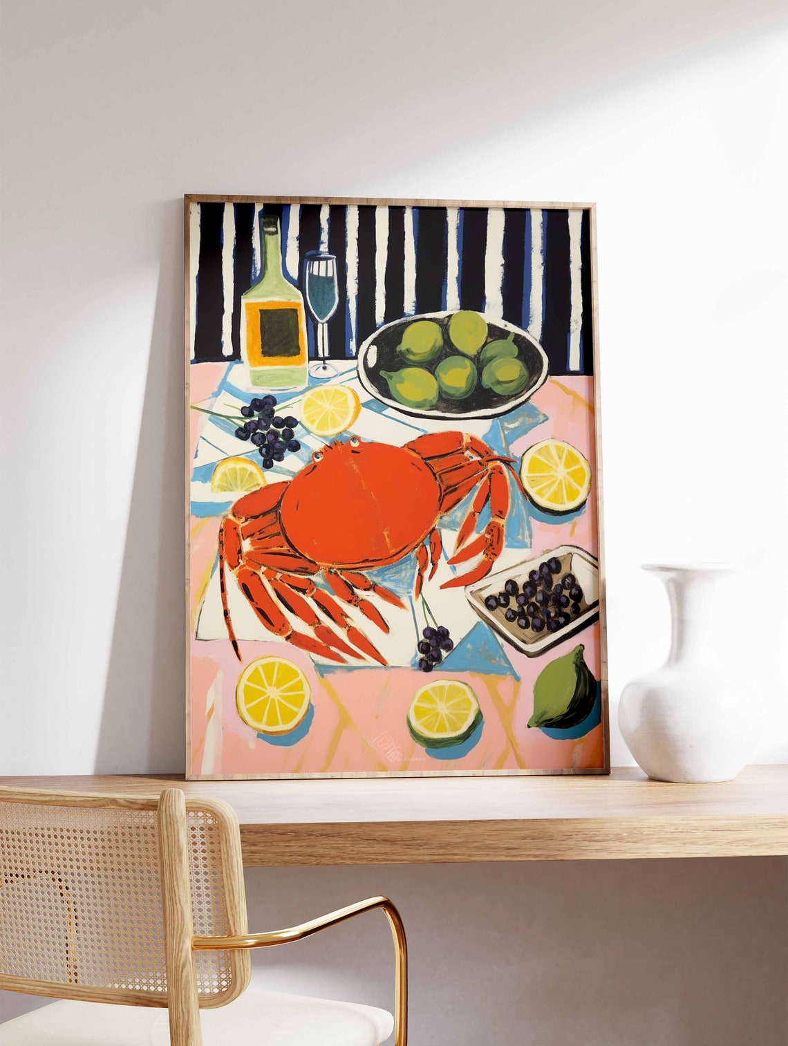 Bold Vibrant Crab Seafood Still Life with Wine and Citrus Poster - Image 3