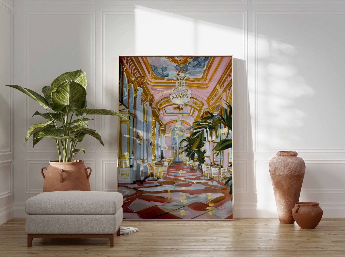 Pink and Gold Baroque Salon Chandelier Glam Interior Art Poster - Image 3