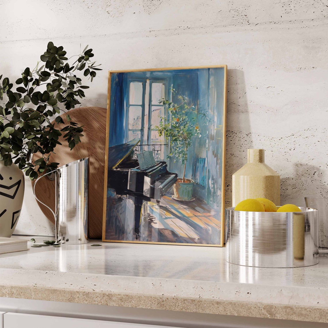 Grand Piano Sunlit Blue Room Oil Painting Music Decor Poster - Image 3