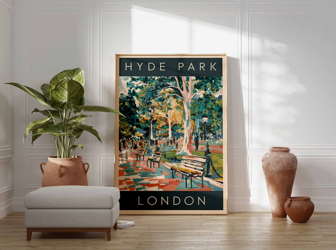 Hyde Park London Autumn Park Benches Retro Travel Style Poster - Image 3