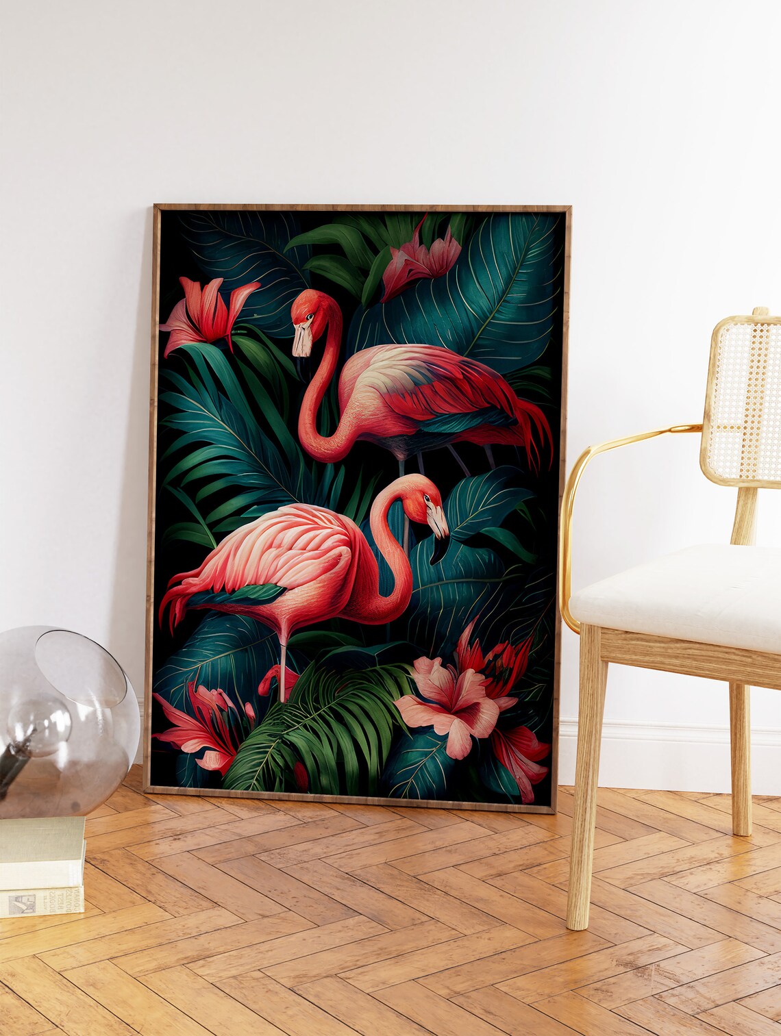 Pink Flamingo Pair Tropical Jungle Leaves Floral Bird Wall Art - Image 2