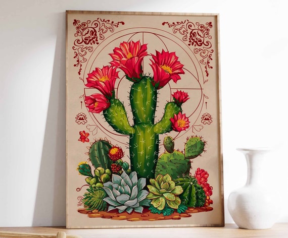 Blooming Cactus Red Flowers Geometric Frame Vintage Botanical Poster