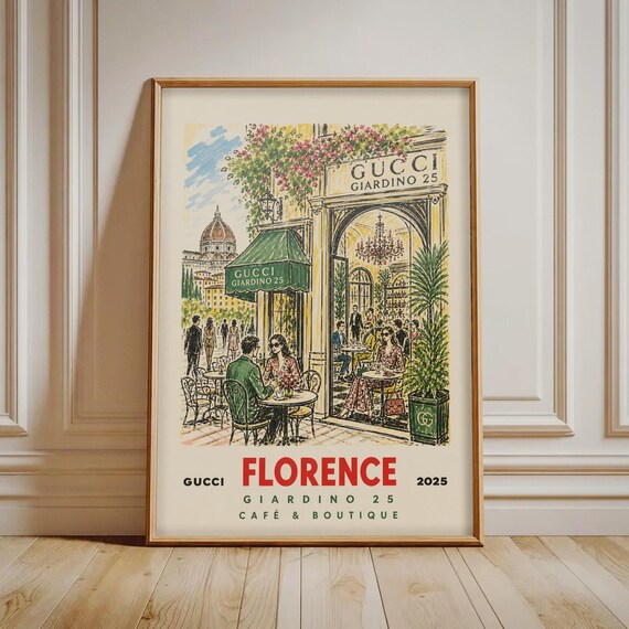 Florence Gucci Cafe Print Vintage Italian Travel Poster Retro Fashion Boutique Wall Art European Street Scene Decor
