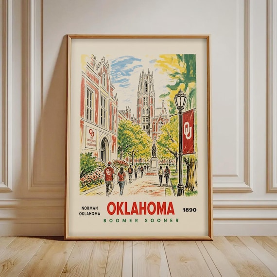 Oklahoma University Print Vintage College Campus Poster Boomer Sooner Wall Art Retro Travel Decor
