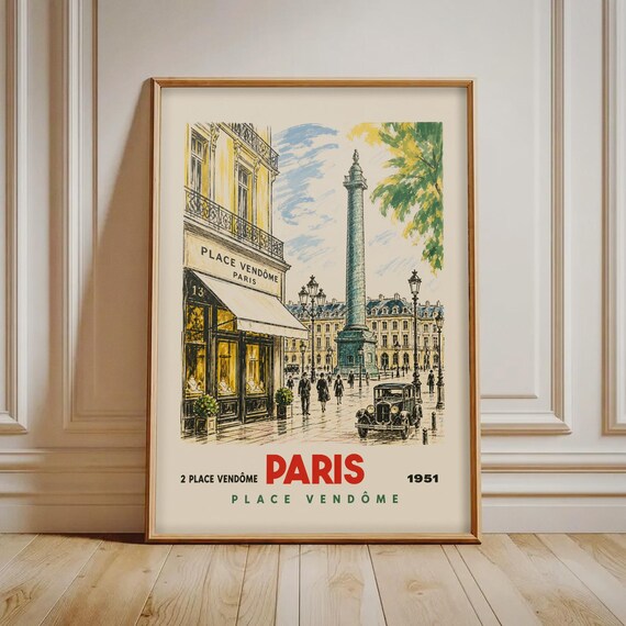 Paris Print Vintage Place Vendme Travel Poster French Wall Art 1951 Retro Home Decor European City Street Scene
