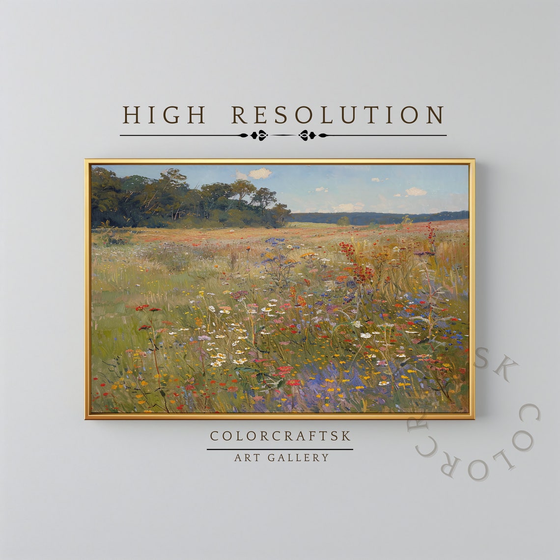 Vintage Wildflower Field Oil Painting Landscape Flower Field Wall Art Country Blossom Print Farmhouse Decor Antique Wall Art