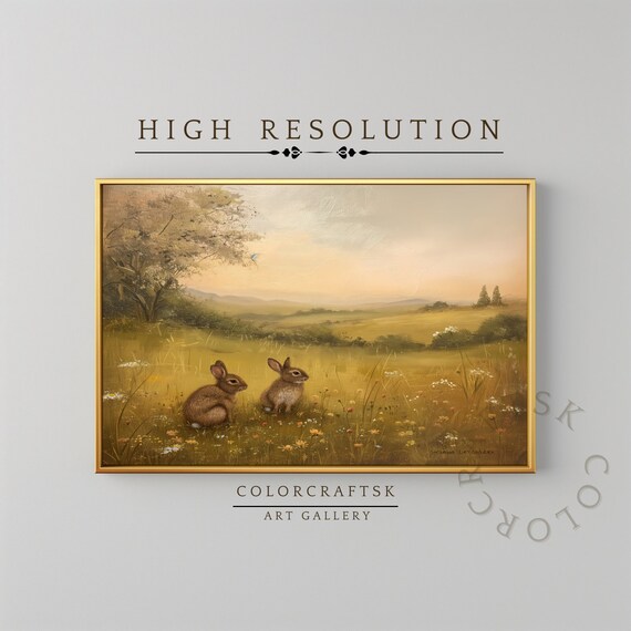 Two Rabbits Golden Meadow Sunset Vintage Countryside Wildlife Wall Art Poster