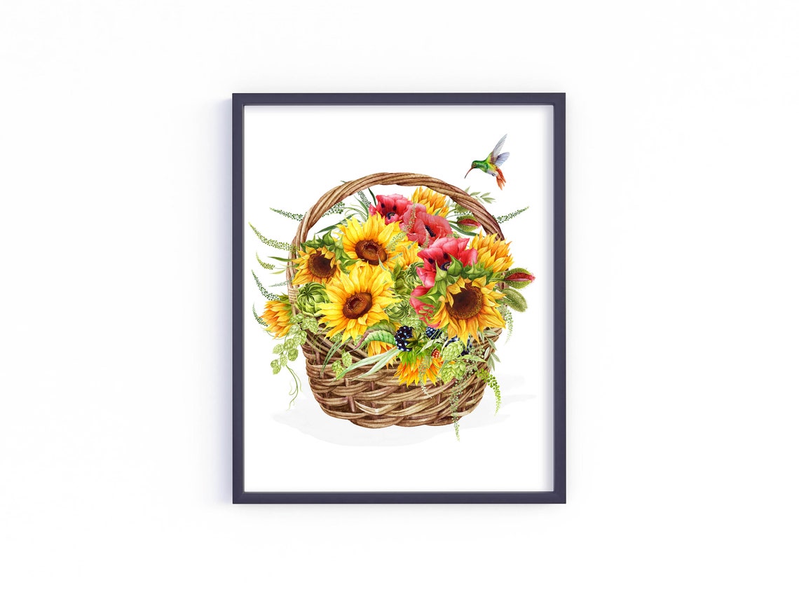 Sunflower Basket Poppies Hummingbird Summer Floral Art Print - Image 2