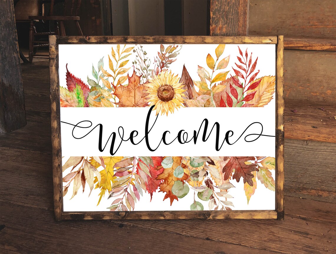 Welcome Fall Leaves Watercolor Sunflower Autumn Entryway Sign Poster - Image 3