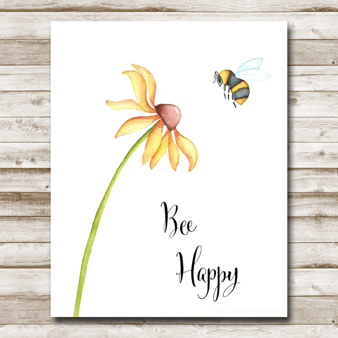 Bee Happy Daisy Bumblebee Watercolor Motivational Quote Poster - Image 4