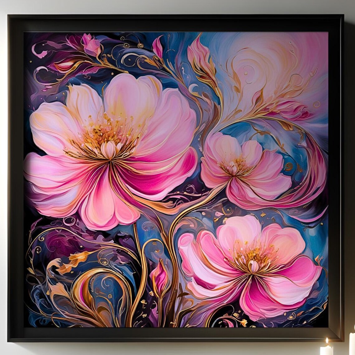 Pink Floral Dream Art Poster Abstract Blossom Gold Swirl Dark Painting