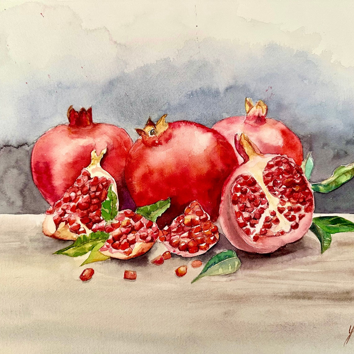 Pomegranates and Cut Fruit Seeds Rustic Watercolor Still Life Poster