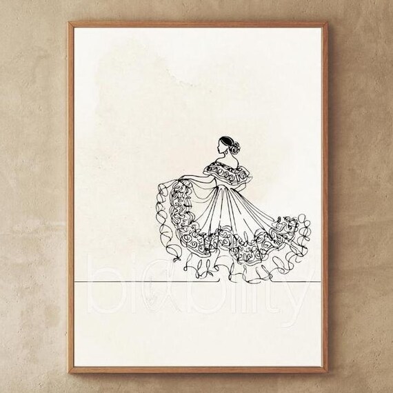 Panamanian Pollera Line Drawing Poster, Latin Dress
