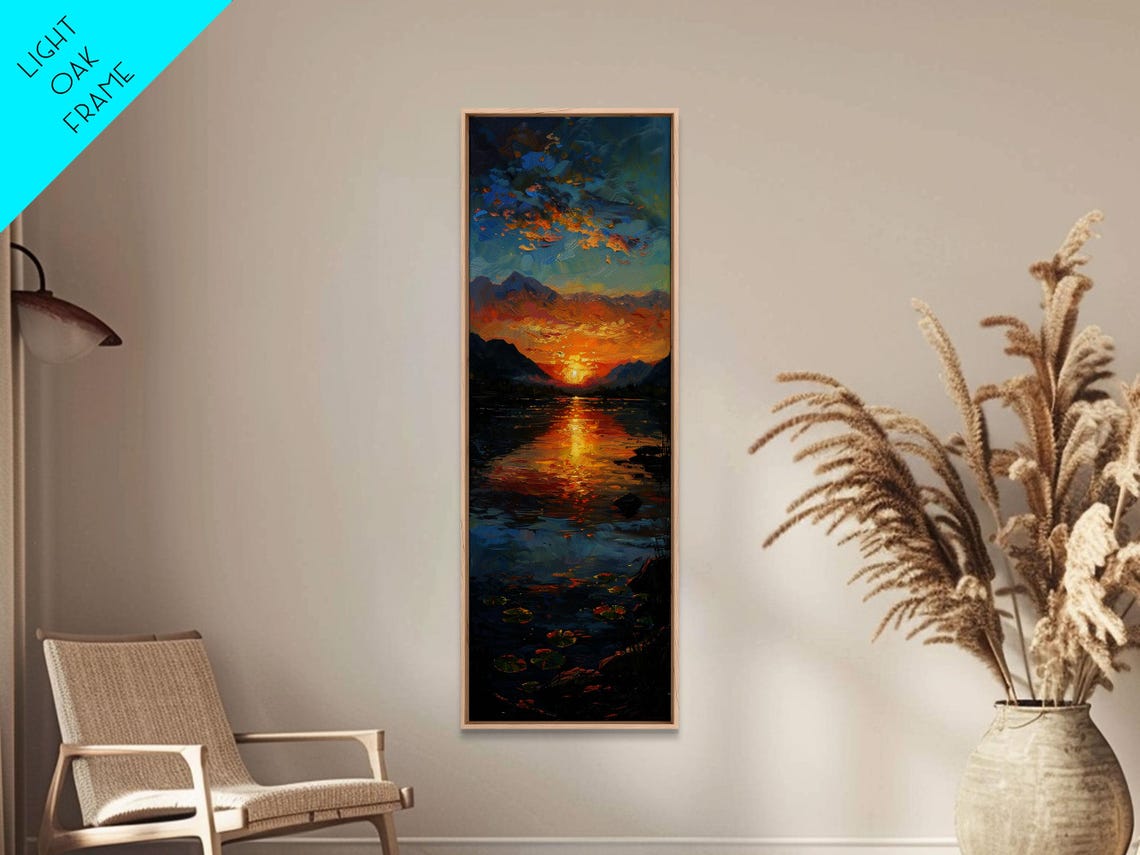 Vibrant Sunset Over Mountain Lake Reflection Oil Painting Print - Image 5