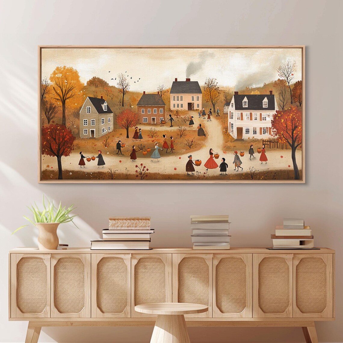 Autumn Harvest Village Folk Art Pumpkin Houses Country Scene Poster