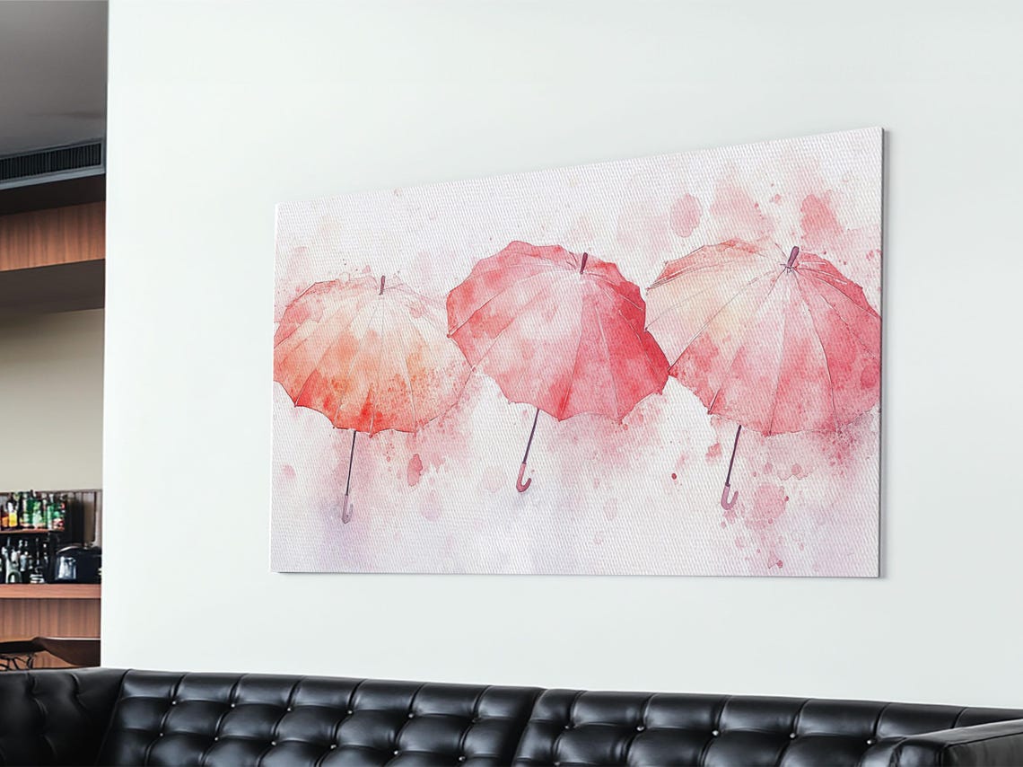 Three Pink Umbrellas Watercolor Whimsical Rainy Day Decor Poster - Image 4