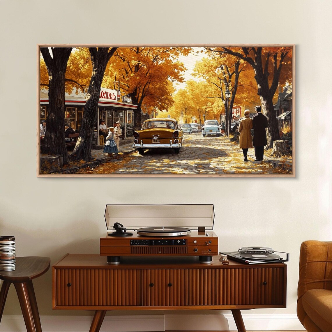 Retro 1950s Autumn Street Golden Trees Classic Cars Vintage Poster