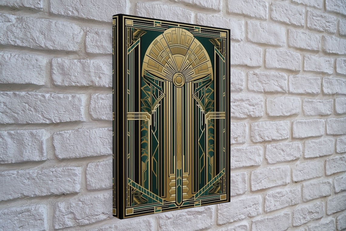 Art Deco Stained Glass Art Print, Gold Green Midcentury - Image 4