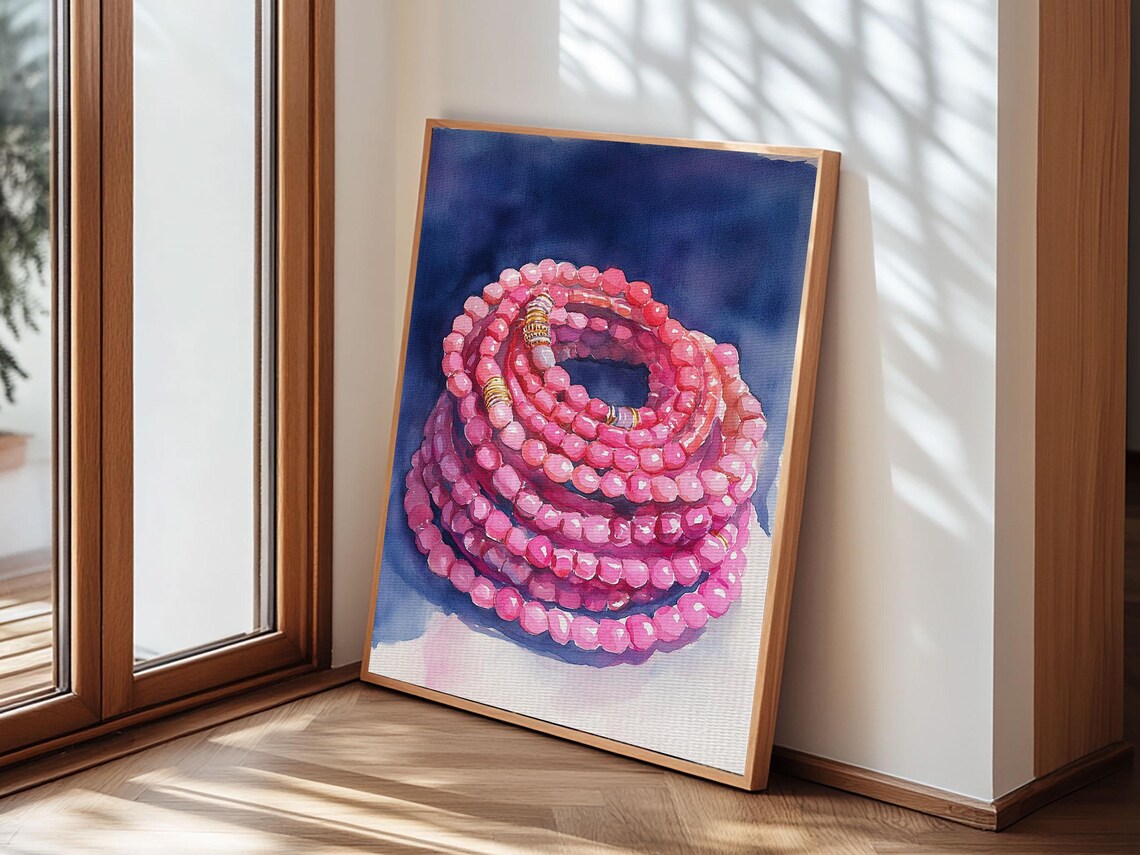 Pink Beaded Bracelets Stacked On Navy Blue Watercolor Wall Art Print - Image 5
