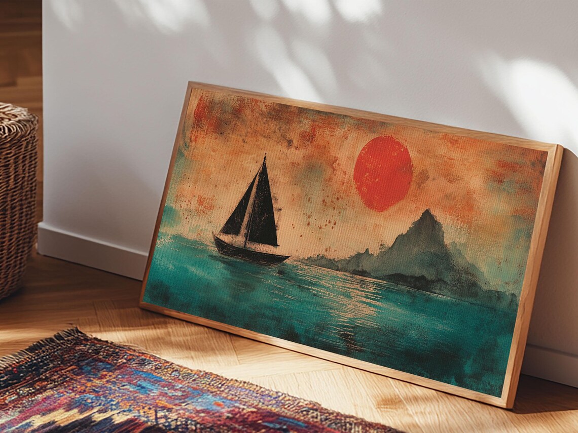 Sailboat Silhouette Under Red Sun Teal Sea Wabi Sabi Painting Wall Art - Image 2