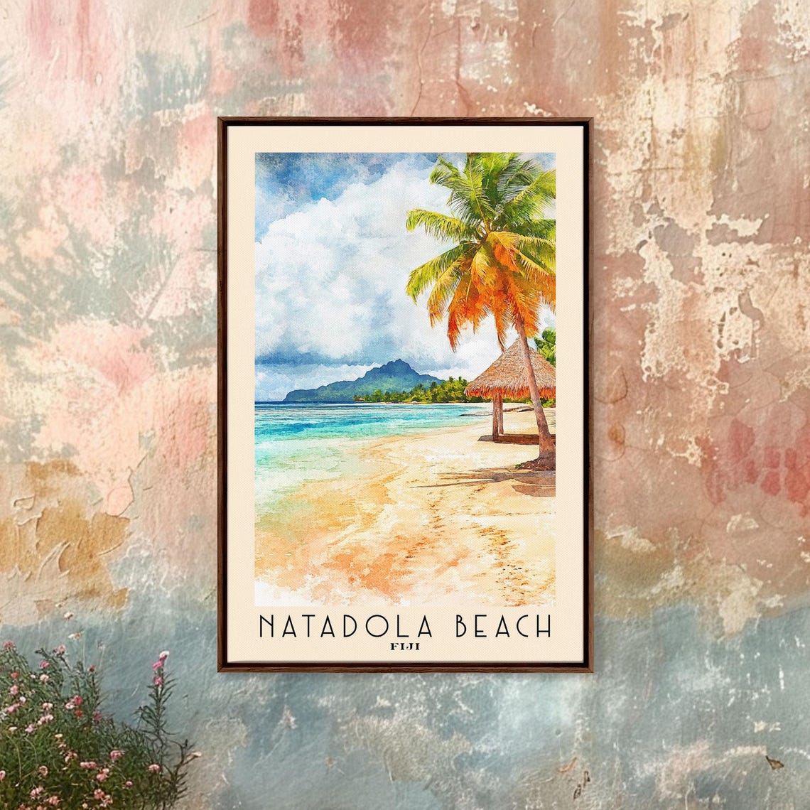 Natadola Beach Fiji Palm Tree Thatched Hut Island Watercolor Poster