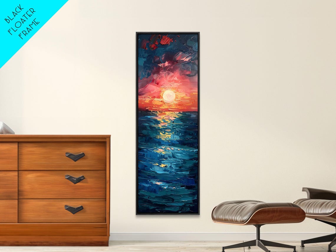 Dramatic Red Sunset Ocean Waves Coastal Impasto Painting Art Print - Image 3