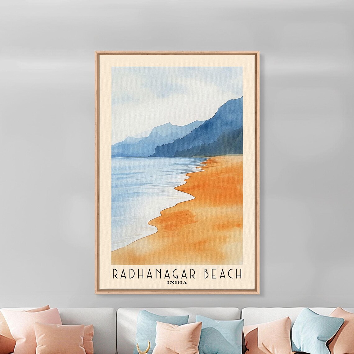 Radhanagar Beach India Golden Sand Shore Blue Mountains Calm Water Watercolor Poster - Image 3