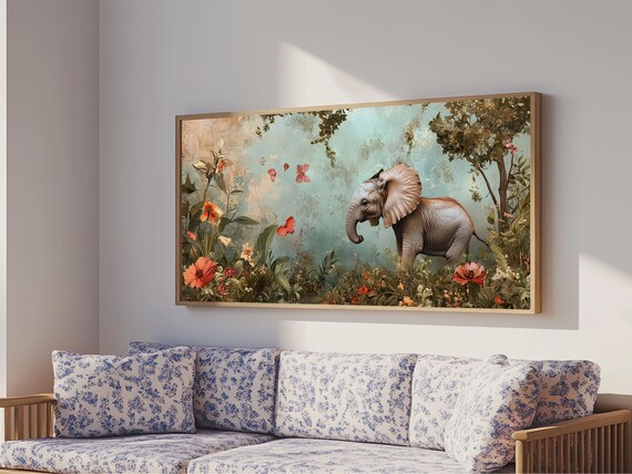 Elephant Jungle Garden Painting Butterflies Botanical Wildlife Art Poster