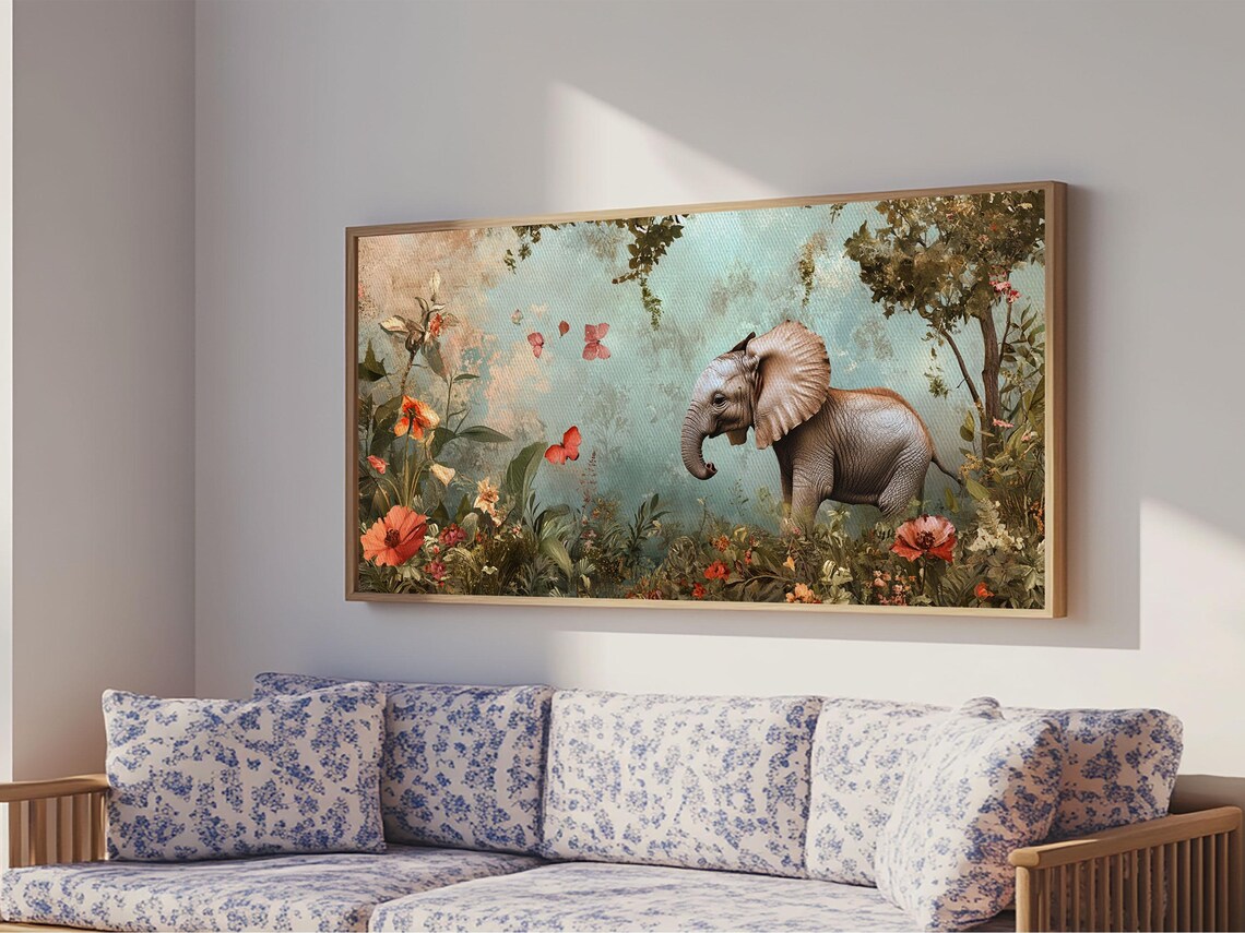 Elephant Jungle Garden Painting Butterflies Botanical Wildlife Art Poster