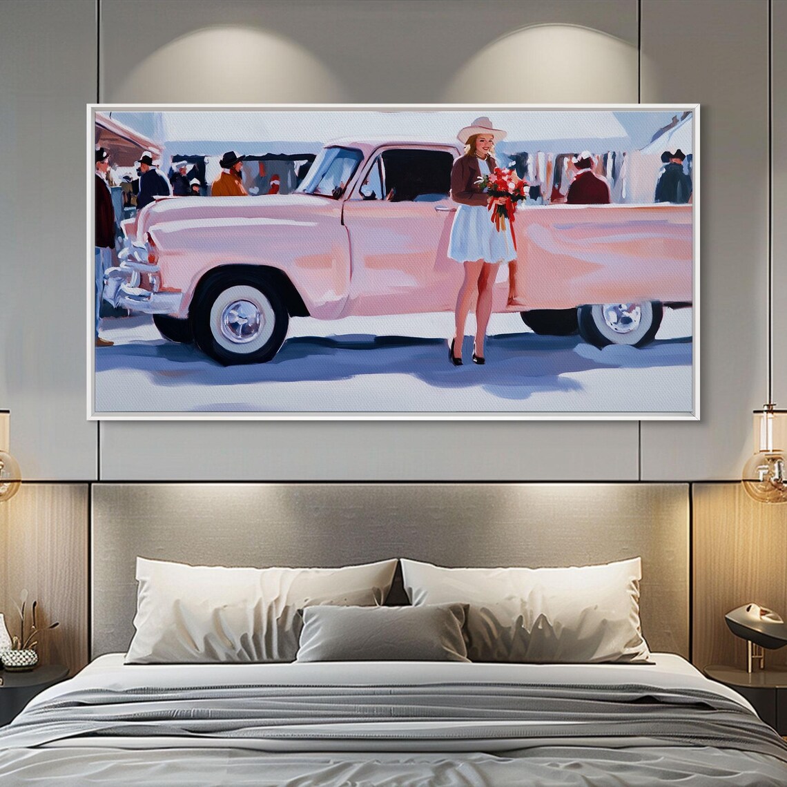 Cute Cowgirl Leaning On Pink Vintage Truck With Autumn Flowers Poster - Image 4