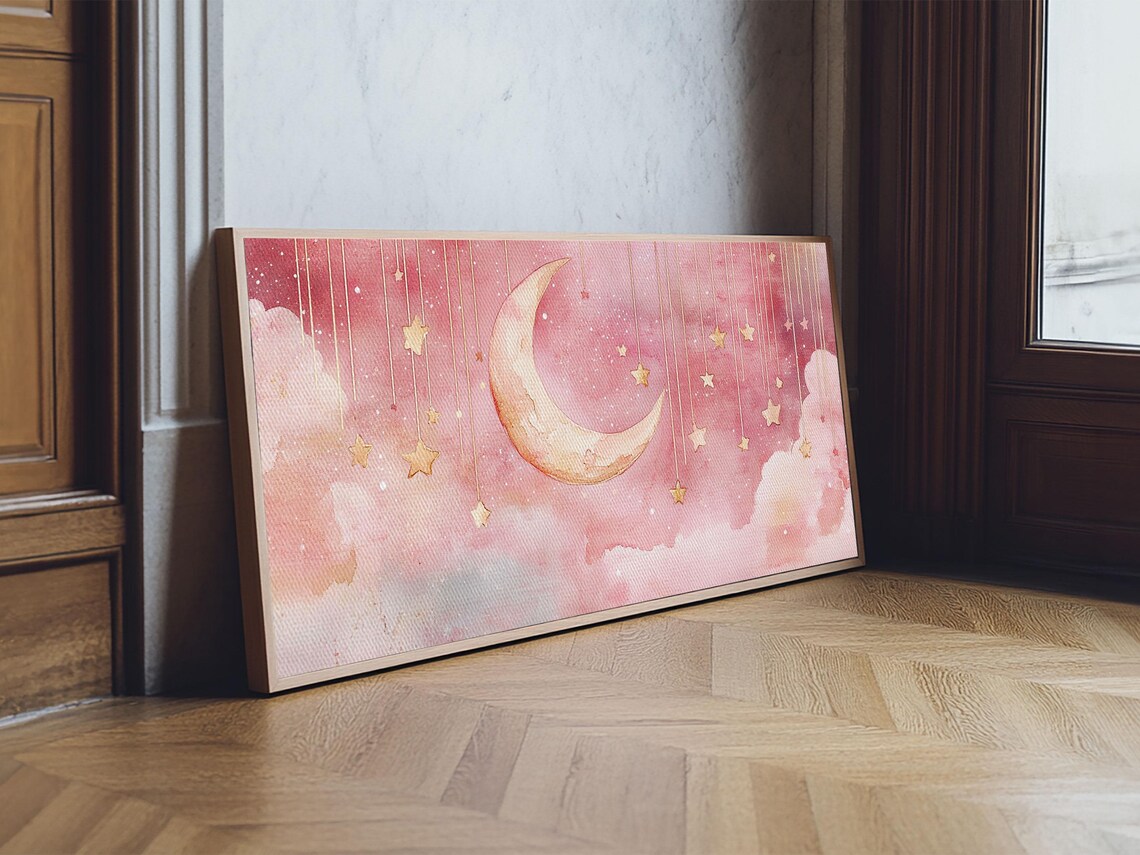 Pink Crescent Moon Gold Stars Watercolor Night Sky Nursery Poster - Image 4
