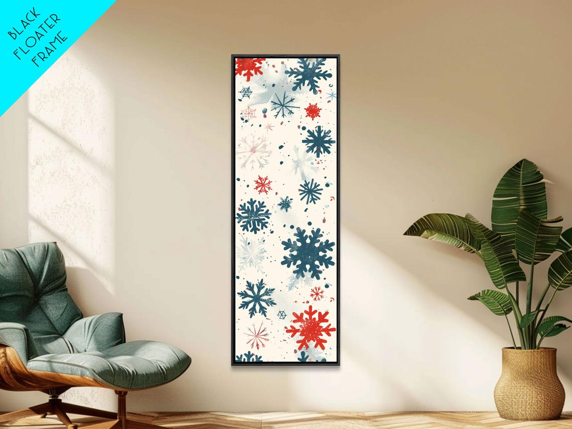 Festive Red And Navy Snowflakes On Cream Midcentury Style Art Poster - Image 2