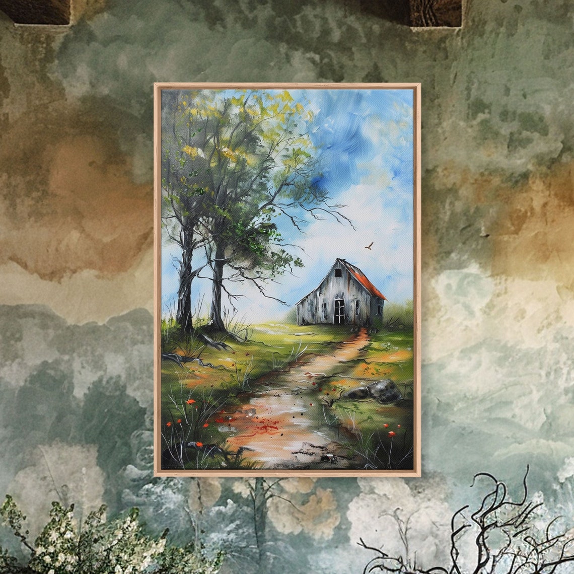 Rustic Barn Red Roof Country Path Wildflower Farm Wall Art Poster - Image 3