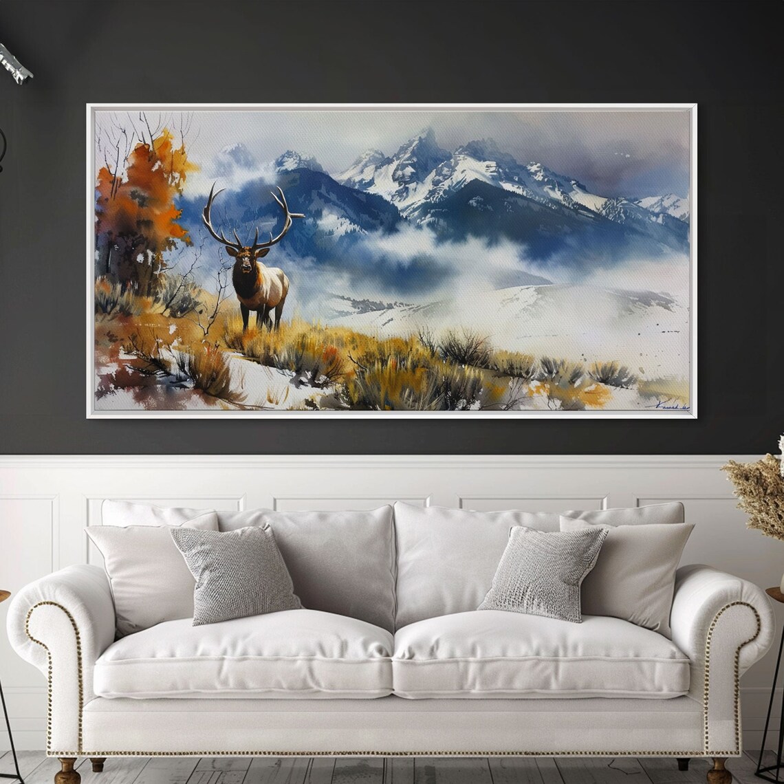 Elk With Grand Antlers In Snowy Mountain Meadow Watercolor Art Poster - Image 4