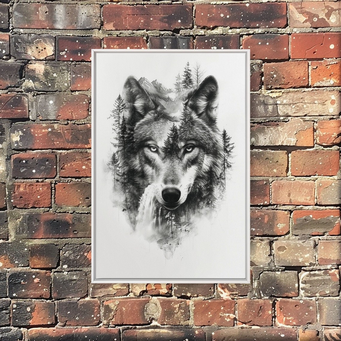 Gray Wolf Forest Mountain Wilderness Double Exposure Sketch Wall Art - Image 3