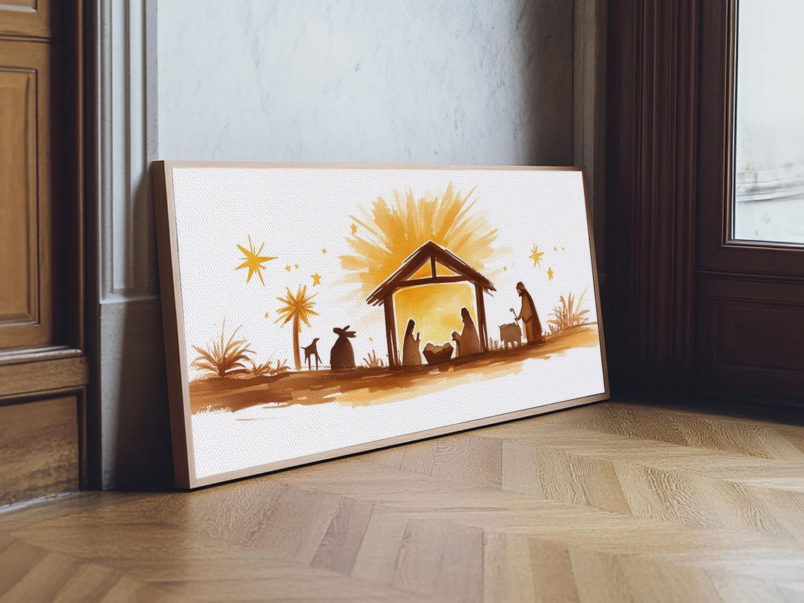 Minimalist Golden Nativity Silhouette Watercolor Christmas Wall Art - Image 5