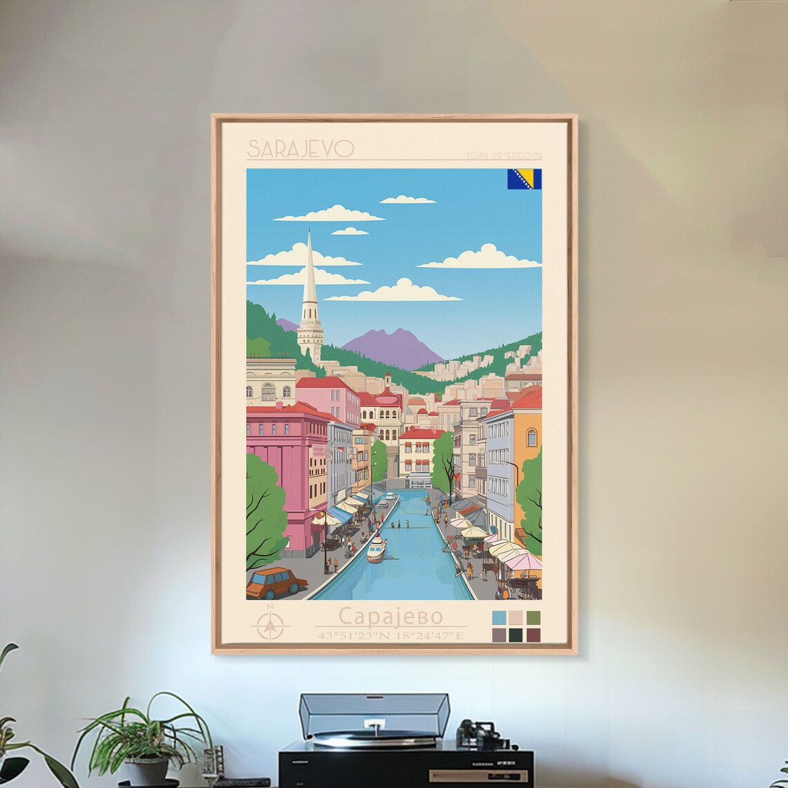 Sarajevo Bosnia Riverfront Old Town Market Street View Travel Poster