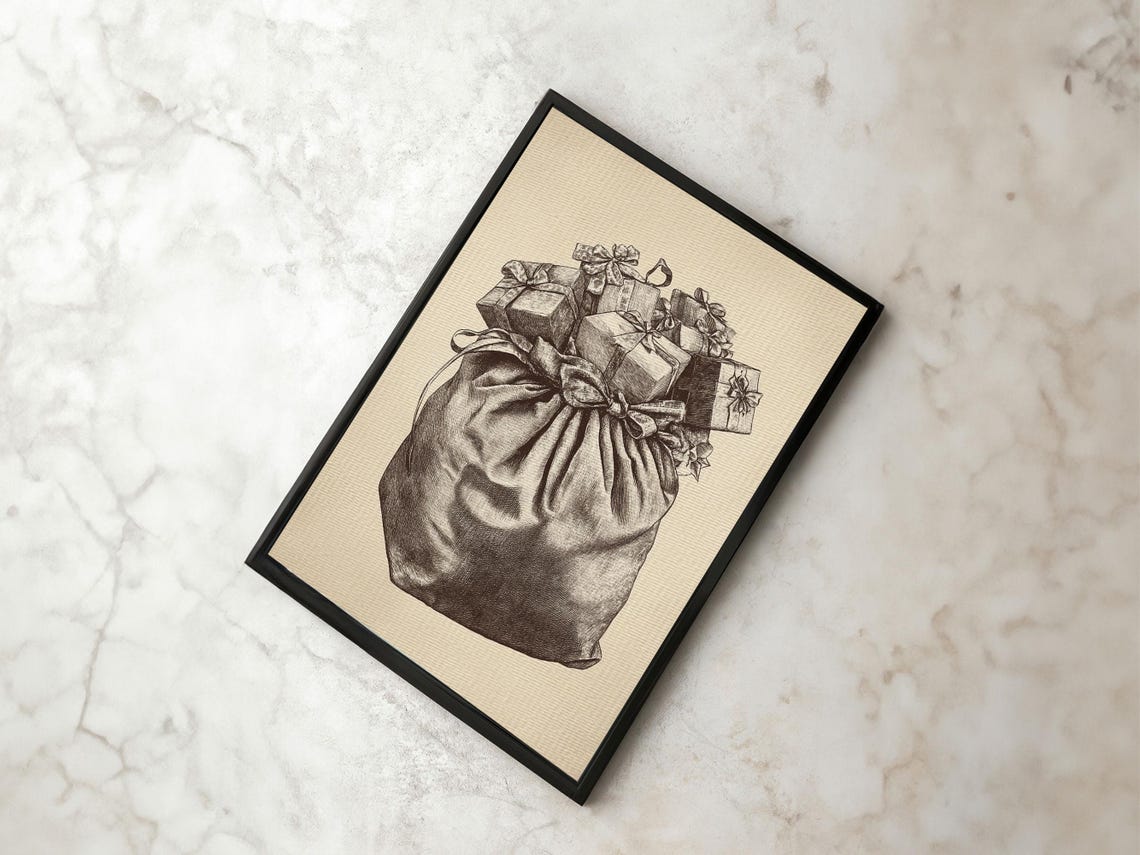 Santa Gift Bag Overflowing With Presents Vintage Sketch Poster Art - Image 3