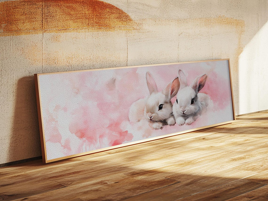 Adorable White Bunny Pair Pink Watercolor Nursery Animal Wall Art - Image 5