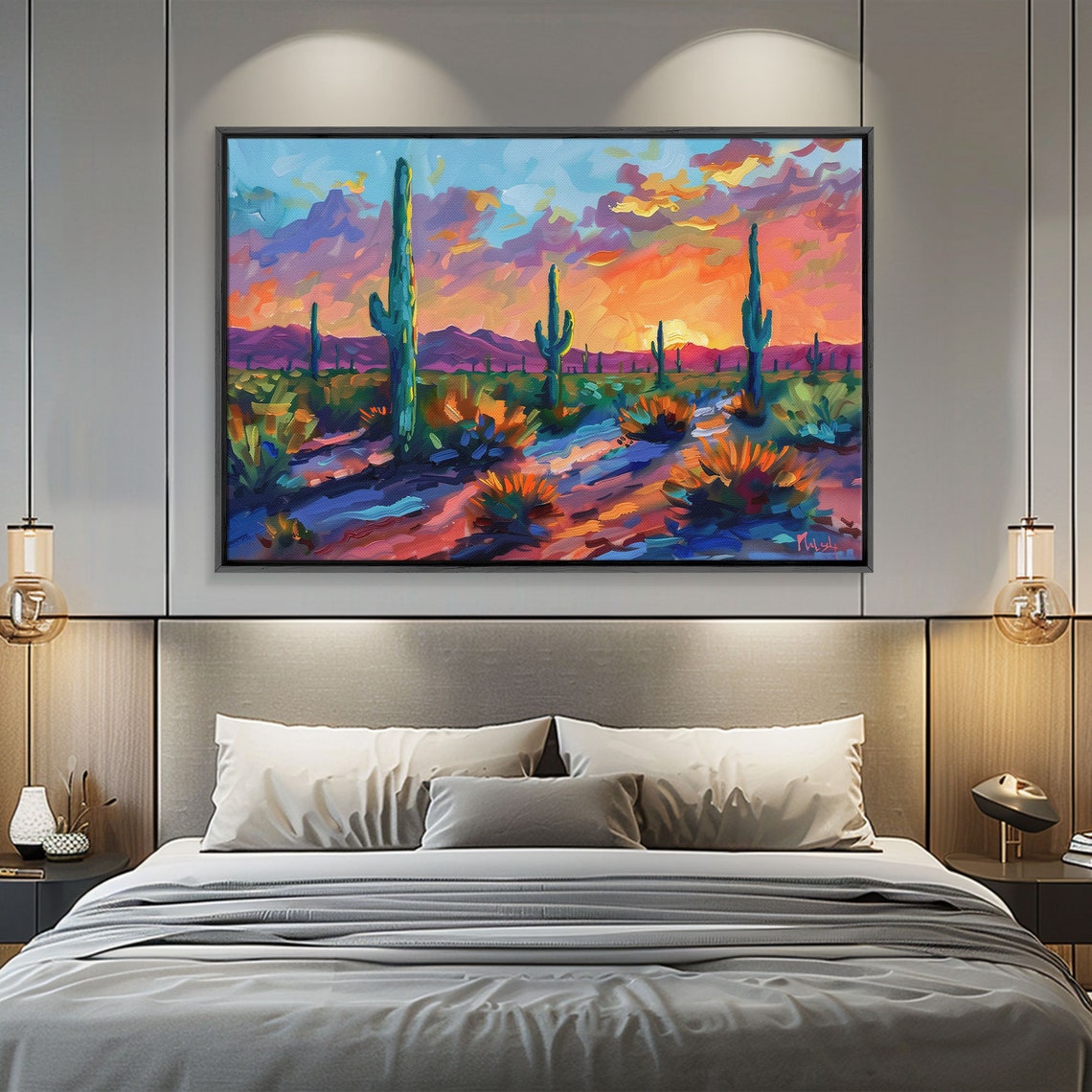 Colorful Desert Sunset Saguaro Cactus Impressionist Painting Print - Image 3