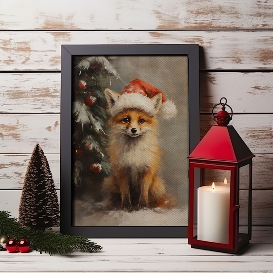 Cute Fox Wearing Santa Hat In Snow Christmas Painting Wall Art Poster - Image 5