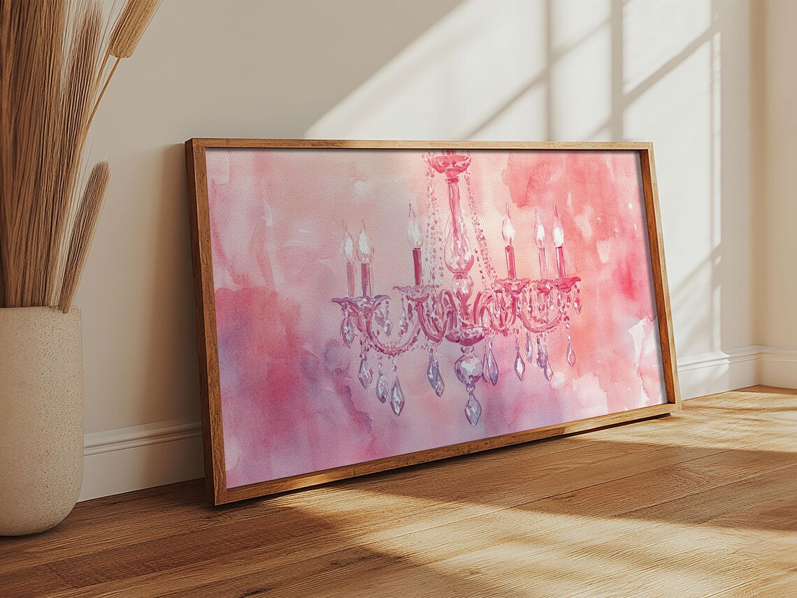 Pink Crystal Chandelier Watercolor Painting Elegant Romantic Wall Art Poster - Image 2