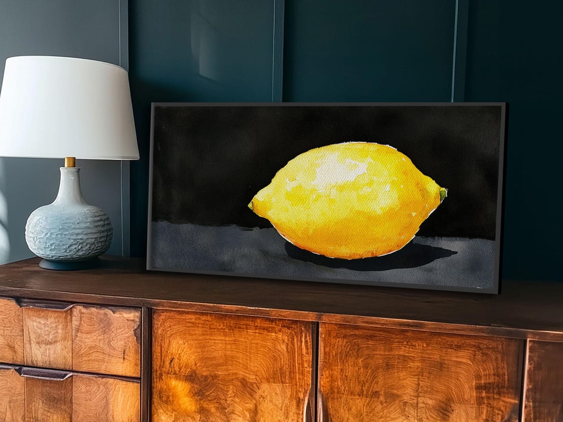 Whole Lemon Watercolor Painting On Black Background Kitchen Wall Art