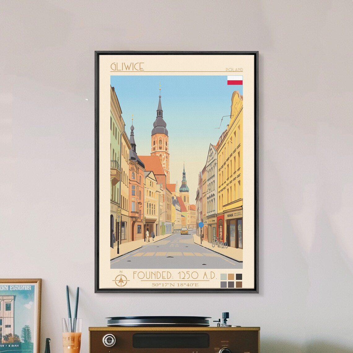Gliwice Poland Old Town Street Church Towers Pastel Facades Poster - Image 3